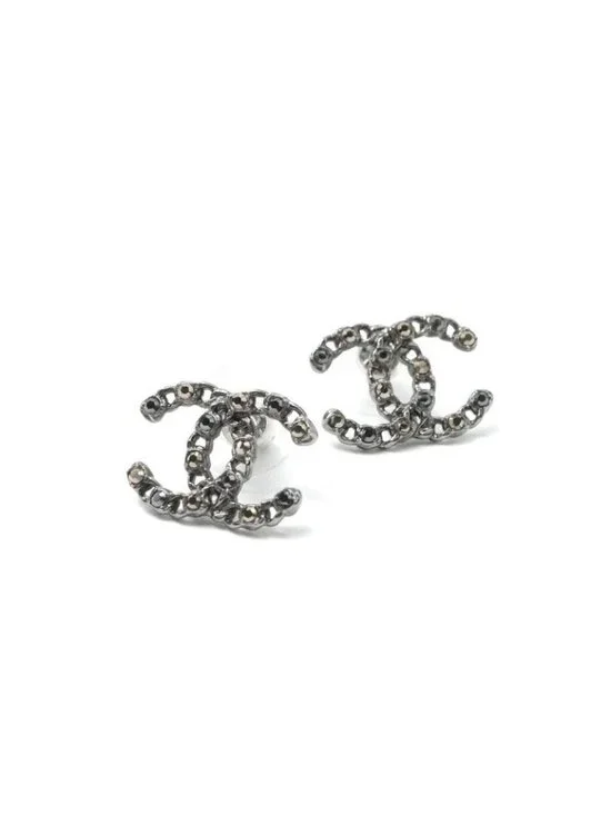 Chanel Earrings Silver Black Coco Mark Rhinestone - Picture 1 of 10